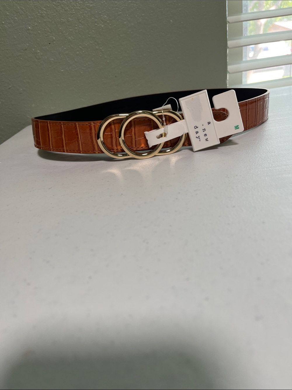 a new day Light Brown Croc-Embossed Double-Ring Belt with Gold Buckles